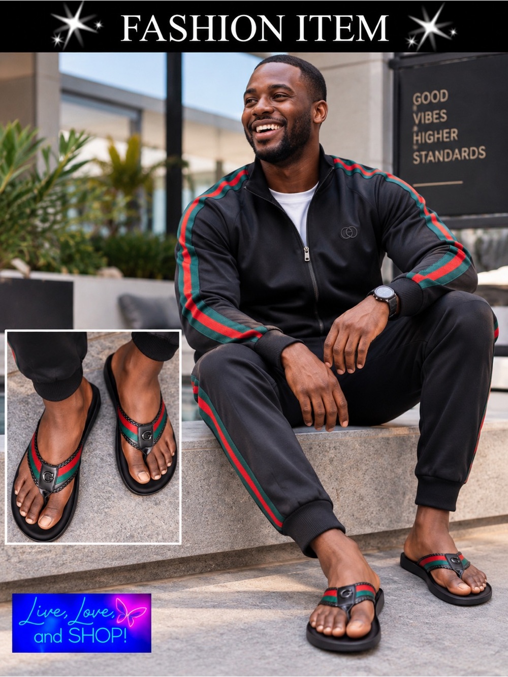 SHOES: Black Flip Flops, “G” Lettering w/Green & Red Straps, Unisex. NWOT
